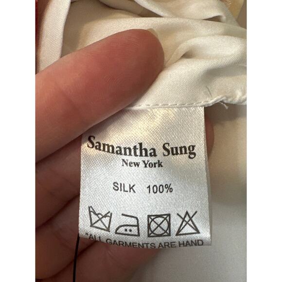 Samantha Sung Red & Ivory 100% Silk Printed Midi Dress with 3/4 Sleeves Size 2 - Picture 7 of 11